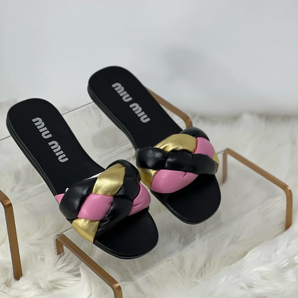 Miu Miu flat nappa leather sandals multicolor black EURO size 39/USA 9 - Picture 2 of 11